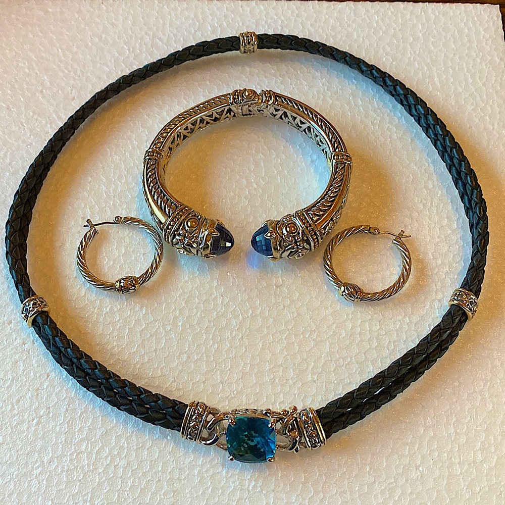 John Medeiros Blue Stone Leather Choker Necklace and matching bracelet